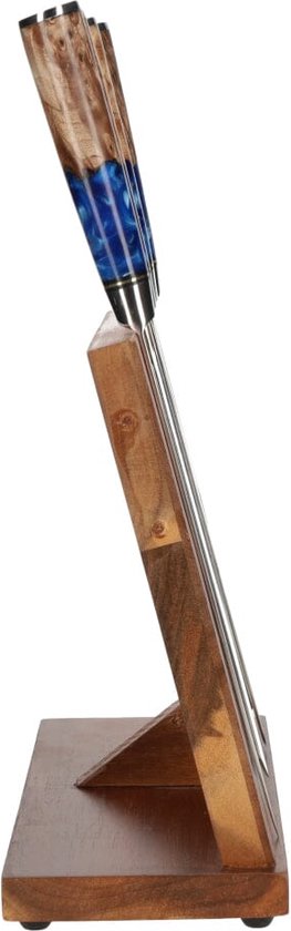 Houten messenset met vijf messen met blauwe en beige handvatten, op een houten blok.