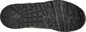 Onderkant van grijze sneaker met zwart loopvlak met geometrische patronen en neon groene accenten.