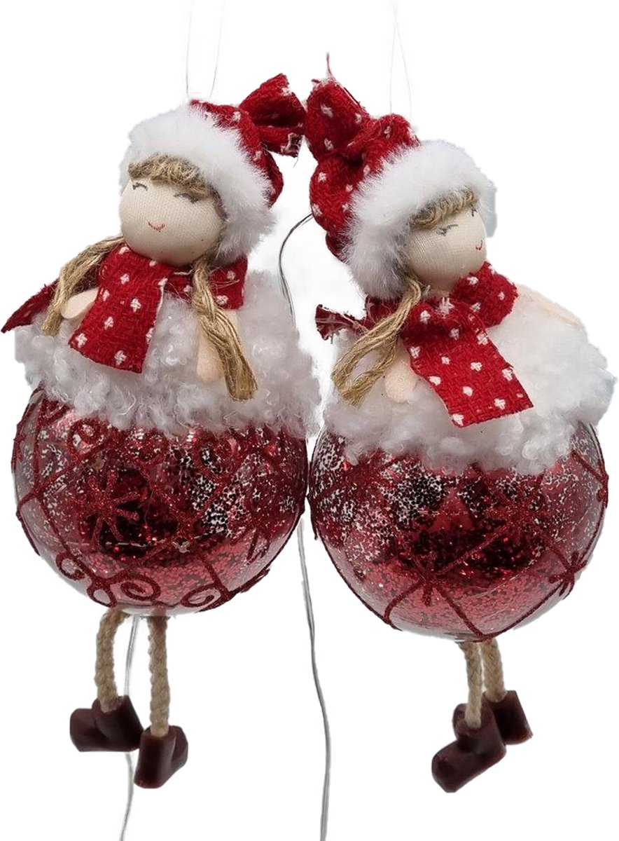 Viv! Christmas Kerstornament - Meisje met Rode Muts op Kerstbal incl. LED Verlichting - set van 2 - rood - 26cm