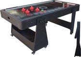 Zwarte opklapbare airhockeytafel met rode en groene pucks, inclusief een opbergrek.