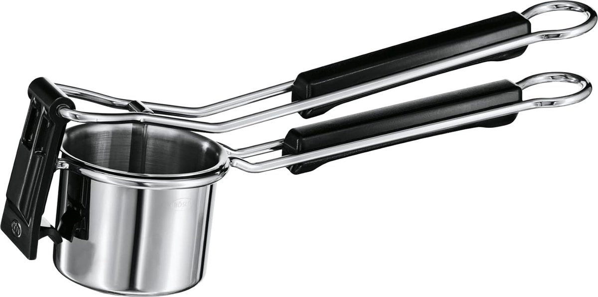 Aardappelrijstmachine, hoogwaardige pers voor het bereiden van aardappelpuree, zilver/zwart en spatel, hoogwaardige deegspatel als bak- en kookhulpmiddel, roestvrij staal 18/10 mat, vaatwasmachinebestendig