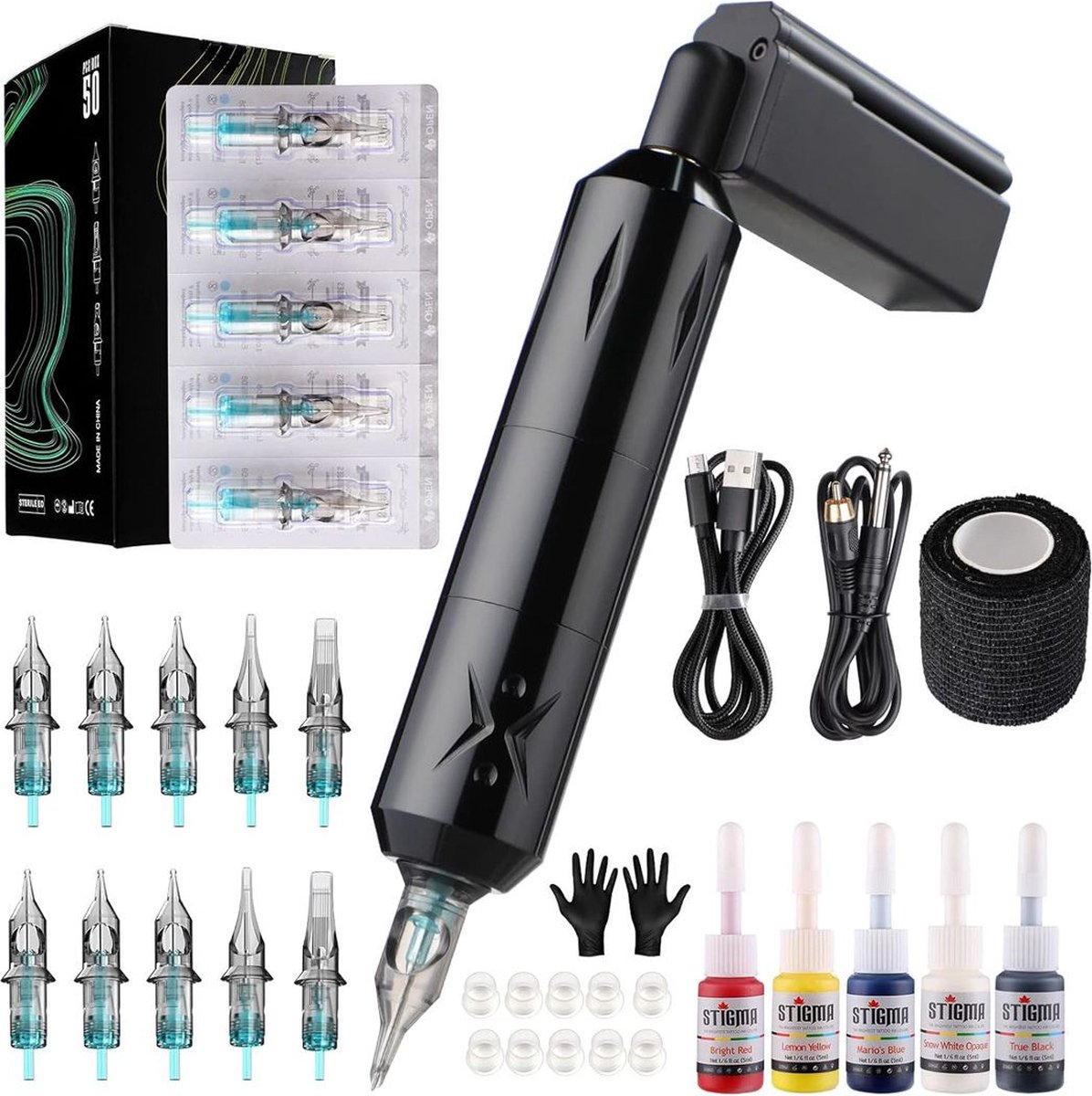 Tattoo Machine met Accessoires - Tattoo Machines Draadloos - Tattoo Set Inclusief Inkt en Naalden - Tattoo Kit - Voor Professionals en Beginners - Top Kwaliteit - Zwart
