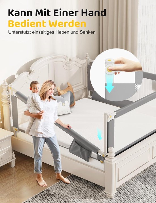 Barrière de lit 180 cm pour enfant - Montage rapide - Réglable en hauteur - Barrière de lit enfant pour lits enfants et lits parents - Barrière de lit NesriToy