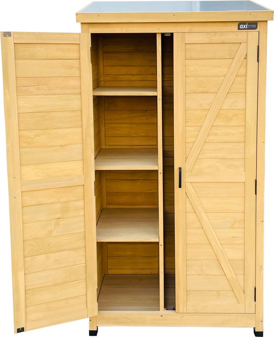 Houten berging met dubbele deuren open, zicht op legplanken en achterwand.