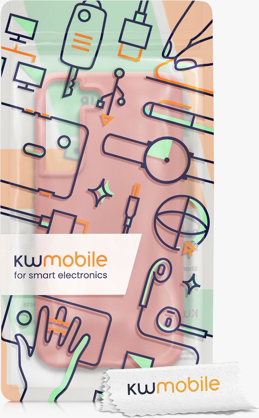 Roze telefoonhoesje in verpakking met lijntekeningen van elektronica-accessoires en "kwmobile" logo.