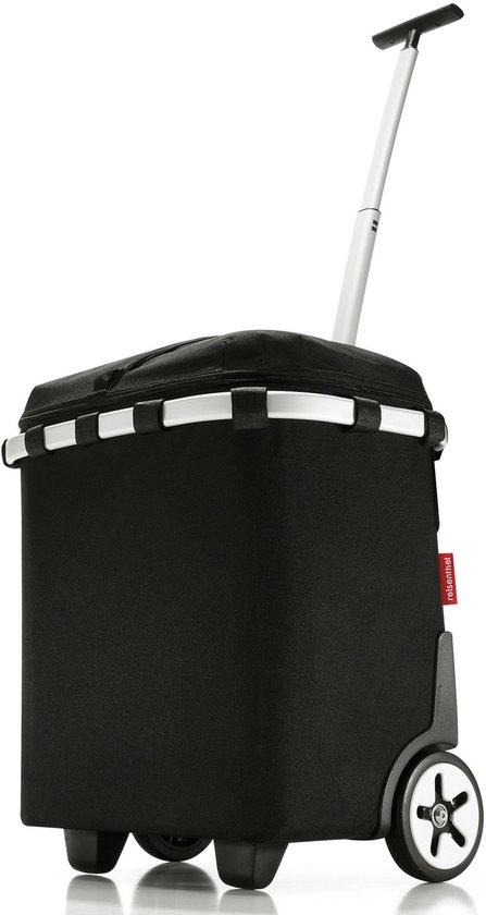 Zwarte boodschappentrolley met witte rand, wielen en uittrekbare handgreep.