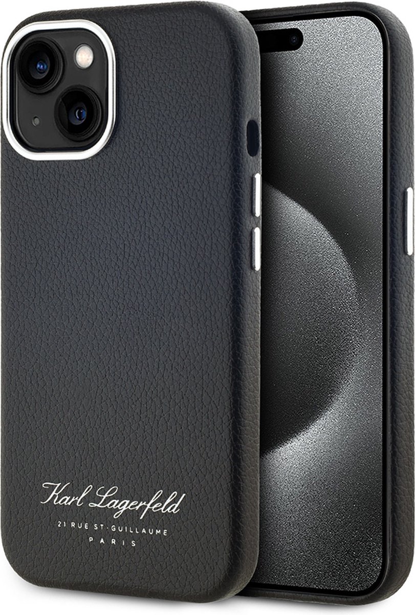 Karl Lagerfeld Backcase hoesje geschikt voor iPhone 14/13 - Effen Zwart - Leer