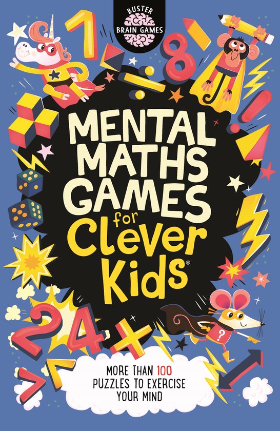 Boek 'MENTAL MATHS GAMES for Clever Kids'. Vrolijke illustraties van eenhoorn, aap, muis en cijfers.