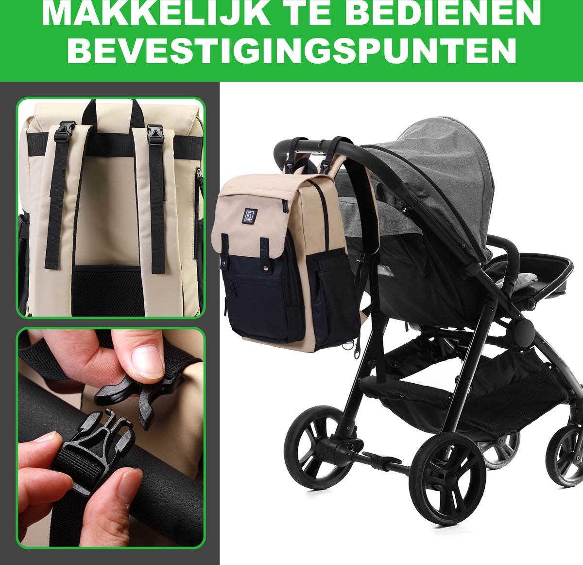 Brisby slijtvaste Luiertas – verzorgingstas - Two Tone Creme en Zwart PU - Inclusief Verschoonmatje - Isoleervakken - Met Geïntegreerde Kinderwagen haken thumbnail 4