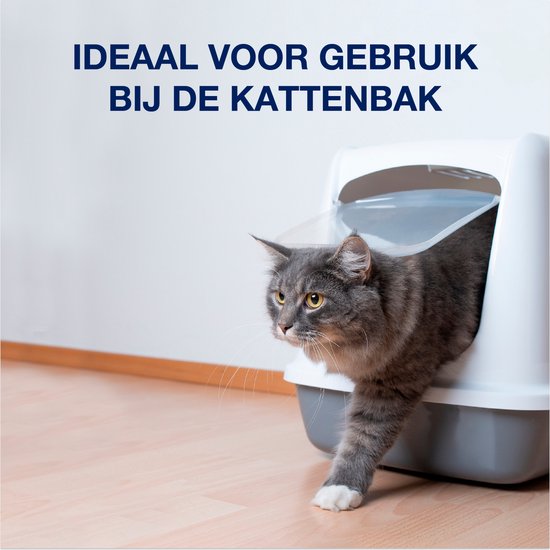 Grijze kat verlaat een kattenbak. Tekst: "Ideaal voor gebruik bij de kattenbak".