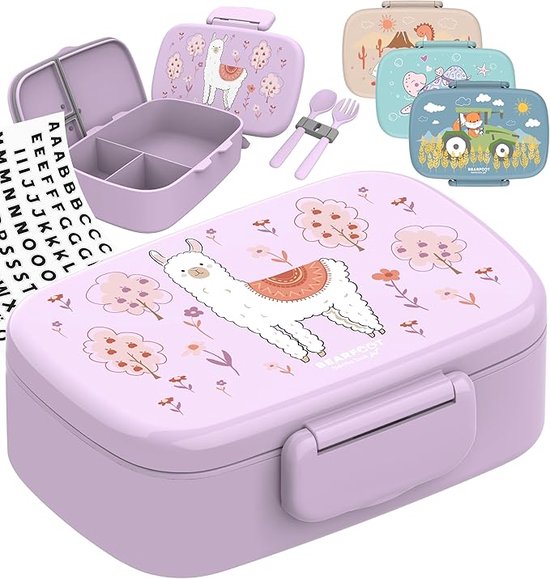 Foto: Broodtrommel roze paars voor kinderen met 3 vakken met letterstickers voor personaliseren bpa vrij lunchbox met bestek bento box broodtrommel voor meisjes jongens snackbox kindvriendelijk 100 lekvrij lunchbox voor kleuterschool school