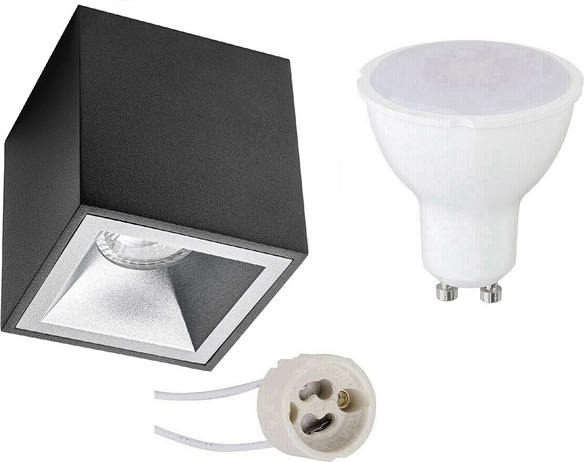 Opbouwspot Set - Pragmi Cliron Pro - GU10 Fitting - Opbouw Vierkant - Mat Zwart/Zilver - 4W - Warm Wit 3000K - Verdiept - 90mm