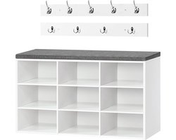Garderobeset met schoenenrek en zitbank 9 vakken - zacht bekleed - wandgarderobe met 9 haken - voor gang entree slaapkamer - wit EWT89HX01