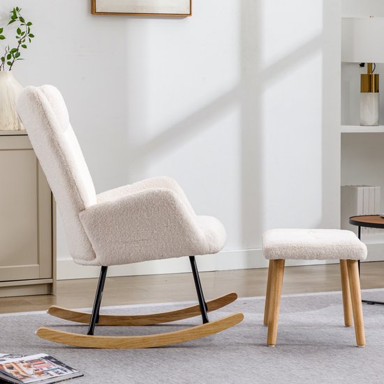 Sweiko Schommelstoel - Teddy fauteuil - Met hoofdsteun + hocker - Belastbaar 100kg - Wit