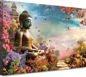 Tableau Bouddha - Décoration murale Spiritualité - Peinture sur toile Fleurs - Peinture rurale - Peinture sur toile - Toile d'art mural 90x60 cm
