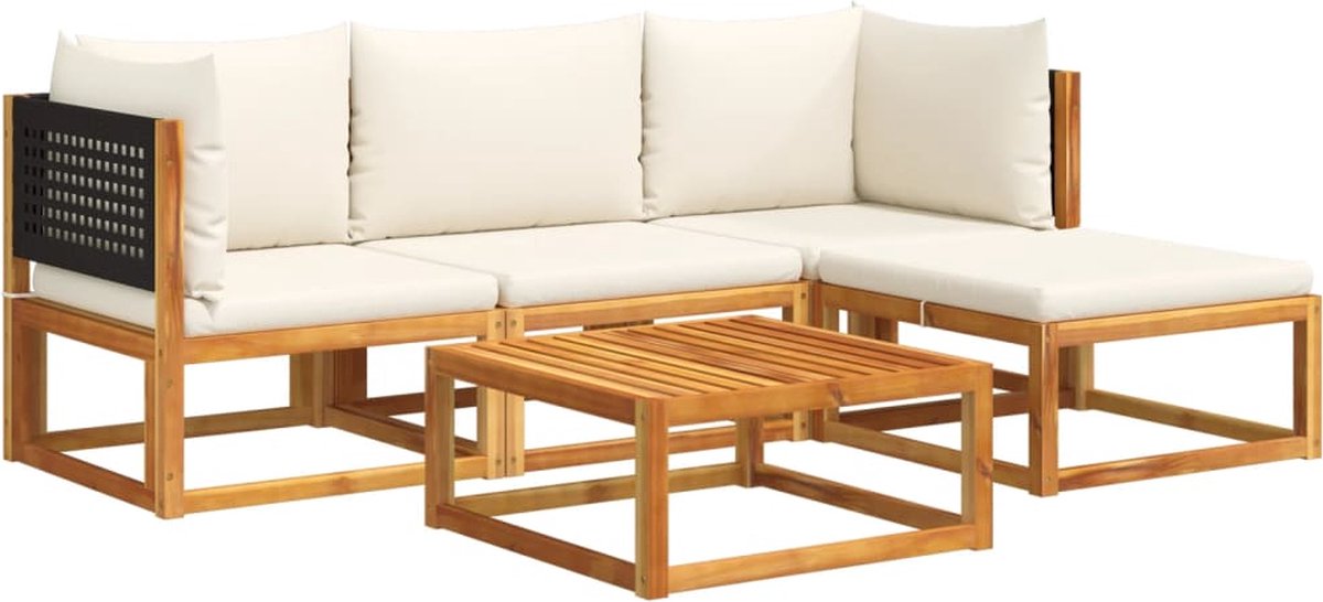 vidaXL 5-delige - tuinbankset - met - kussens - acaciahout - & - rotan Crèmewit