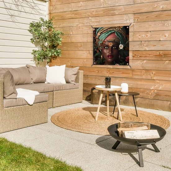 Posters de jardin Femme - Fleurs - Papillons - Plantes - Bijoux - Luxe - 50x50 cm - Toile jardin - Affiche extérieure