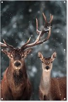 Tuinposter - Tuindoek - Tuinposters buiten - Hert - Dieren - Winter - Gewei - Sneeuw - Natuur - 80x120 cm - Tuin