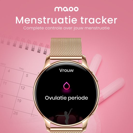 Maoo Ventura AMOLED Smartwatch Dames - RVS en 4x Siliconen Bandje - Stappenteller - Hartslagmeter - Slaapmonitor - Multisport - Geschikt voor Android en iOS - Rosé Goud en Roze
