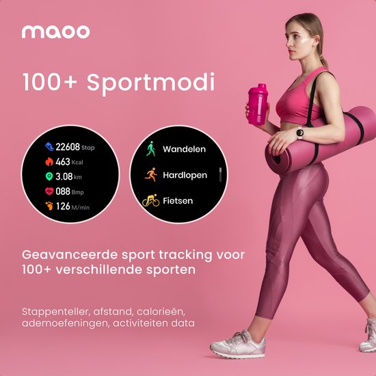 Maoo Ventura AMOLED Smartwatch Dames - RVS en 4x Siliconen Bandje - Stappenteller - Hartslagmeter - Slaapmonitor - Multisport - Geschikt voor Android en iOS - Zwart