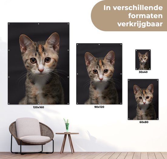 Tuinposter 30x40 cm - Tuindecoratie Kat - Zwart - Portret - Poster voor in de tuin - Buiten decoratie - Schutting tuinschilderij - Tuindoek muurdecoratie - Wanddecoratie balkondoek