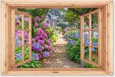 Tuinposter doorkijk bloemen - Lichtbruin raam - Tuindecoratie hortensia - 120x80 cm - Tuinschilderij voor buiten paars - Tuindoek - Wanddecoratie tuin - Schuttingdoek - Balkon decoratie - Muurdecoratie - Buitencanvas tuinversiering