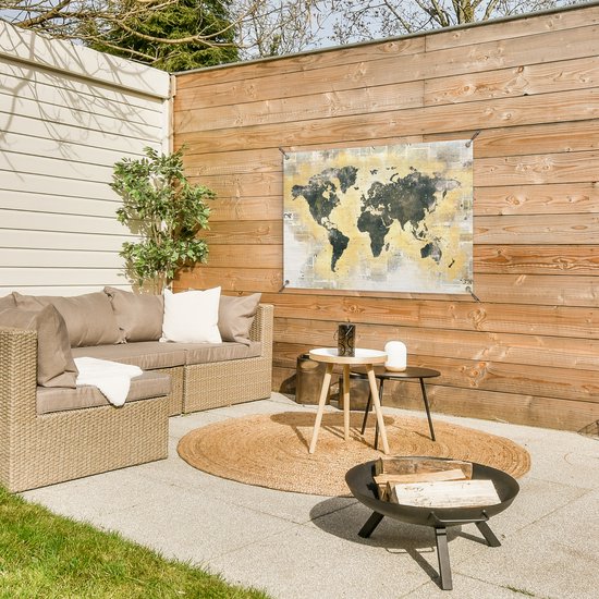 Posters de jardin extérieur Carte du Wereldkaart - Or - Journal - 90x60 cm - Toile de jardin