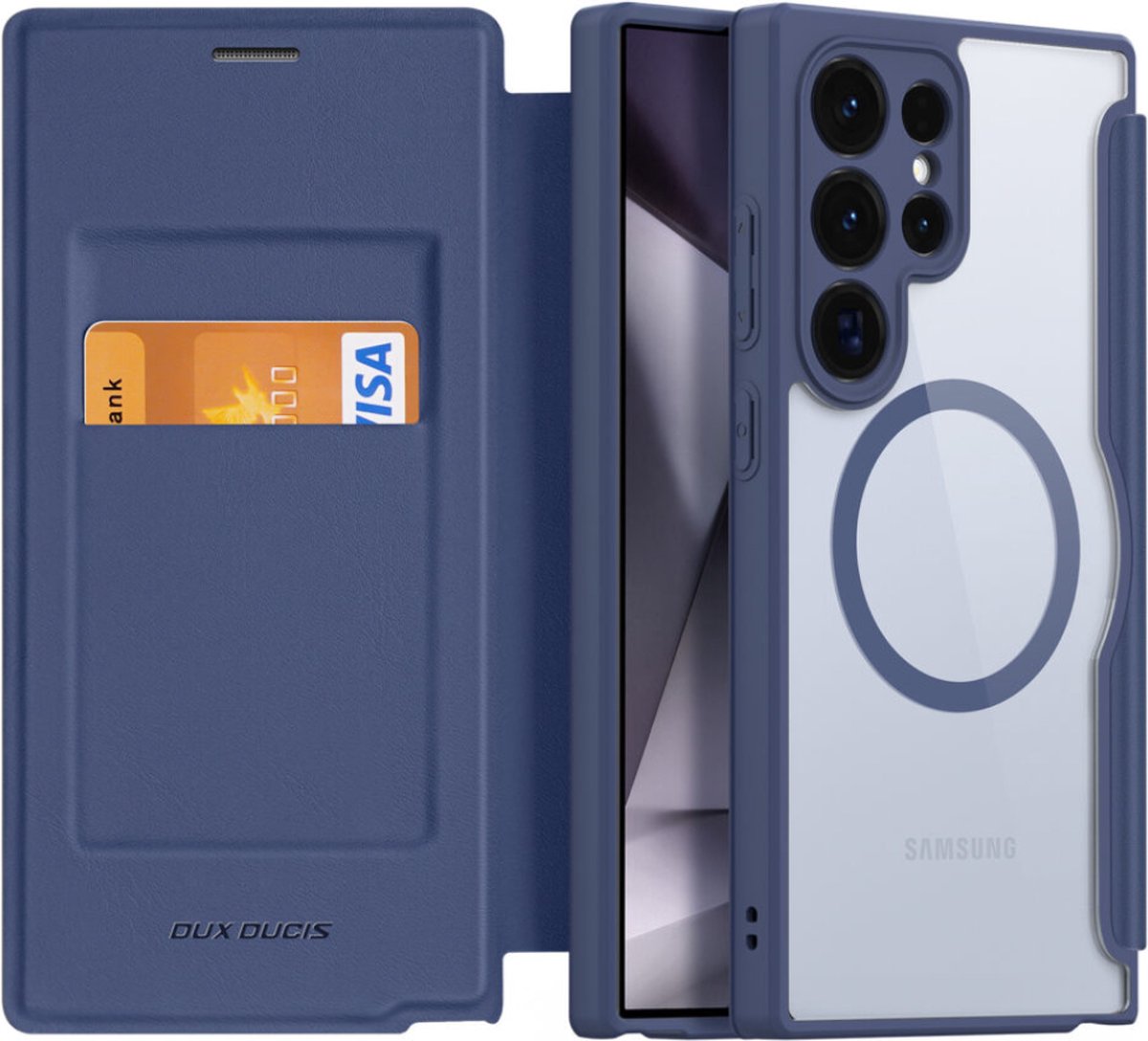 Dux Ducis - Telefoonhoesje geschikt voor Samsung Galaxy S24 Ultra - Hoesje geschikt voor Magsafe Magneet - Skin X Pro Book Case Series - Donker Blauw