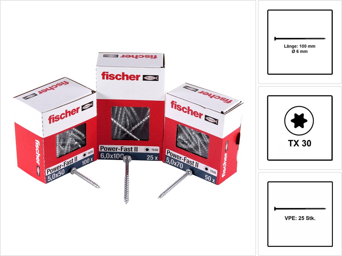 Fischer 25x Power-Fast II FPF II CTP 6 x 100 mm BC verzonken kop met TX30 binnenzeskant deeldraad galvanisch verzinkt blauw gepassiveerd - 670458