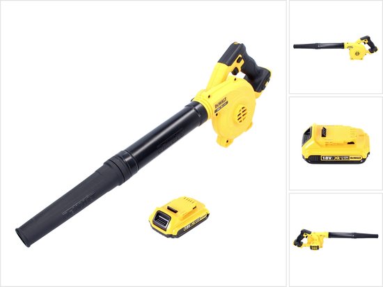 Gele DeWalt accubladblazer met zwarte slang, met extra afbeeldingen van de bladblazer en de 18V 2.0 Ah accu.