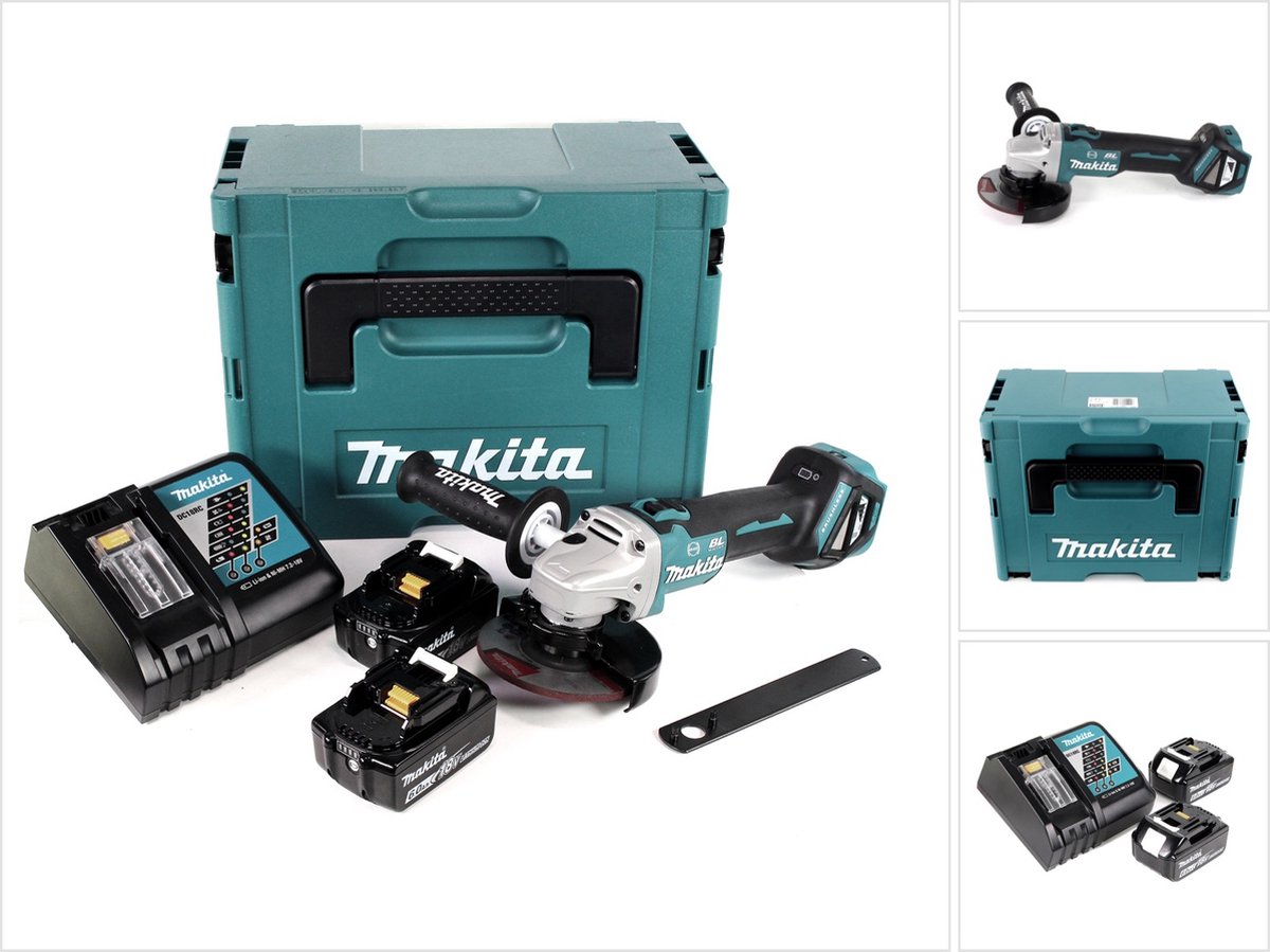 Makita DGA 513 RGJ accu haakse slijper 18V 125mm borstelloos + 2x accu 6.0Ah + lader + Makpac