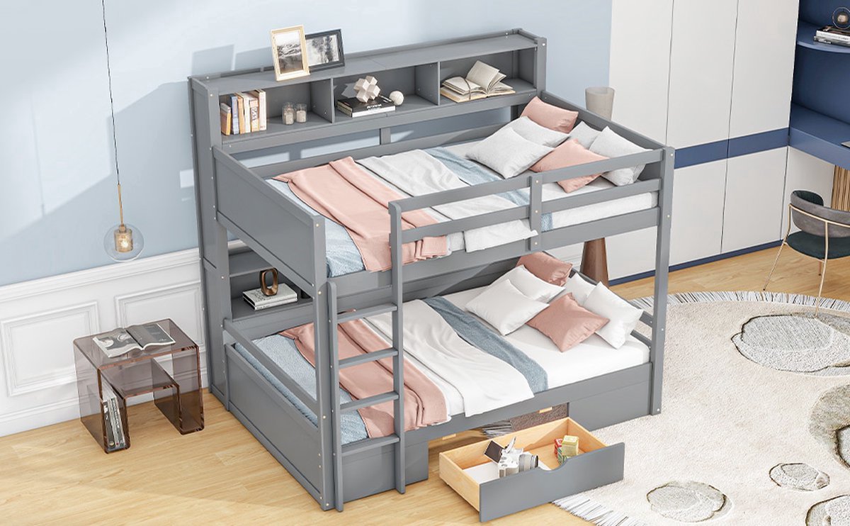 Kinderstapelbed 3-persoons 90x200cm Driepersoonsbed Eenpersoonsbed van hout met nachtkastje Lades Opbergladder - grijs