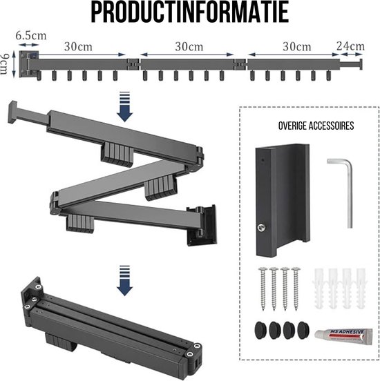plainshe Wandgemonteerde kledingstandaard, 120 cm, intrekbaar