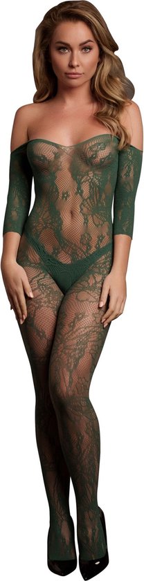 Lace Long-Sleeved Bodystocking - One Size - Midnight Green