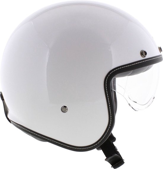 Witte MT Le Mans II helm, driekwart aanzicht van voren, met helder vizier en zwarte randafwerking met witte stiksels.