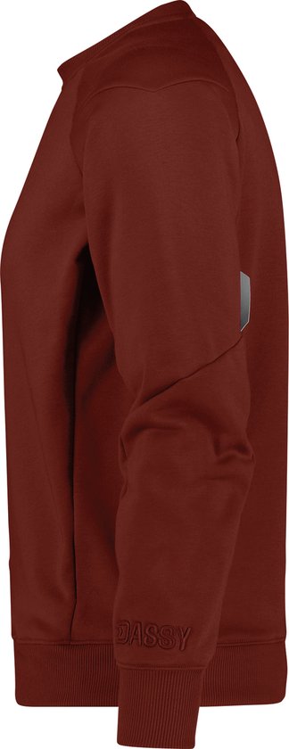 Donkerrode sweater, zijkant. Logo 'DASSY' geborduurd op de onderkant van de mouw.