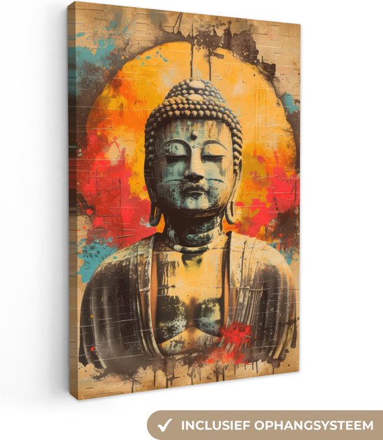 Canvas Schilderij 20x30 cm - Boeddha - Graffiti - Street art - Boedha beeld - Buddha - Wanddecoratie slaapkamer - Muurdecoratie woonkamer - Interieur decoratie - Schilderijen