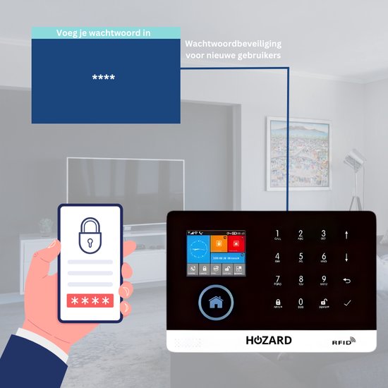 Man toont beveiligingsscherm op telefoon naast Hozard alarmsysteem bedieningspaneel.