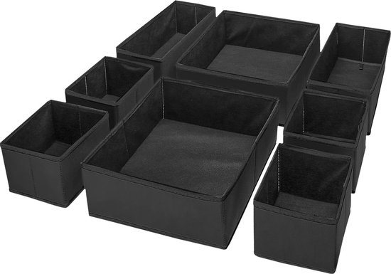 Set van 8 opbergdozen, stof, lade-organizer/opbergsysteem voor kleding, opvouwbare opbergkisten, set dozen voor kledingkast slaapkamer, zwart
