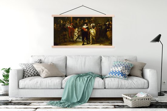 Posterhanger incl. Poster 120x60 cm - Schoolplaat - De Nachtwacht - Rembrandt van Rijn - Textielposter - Blanke latten