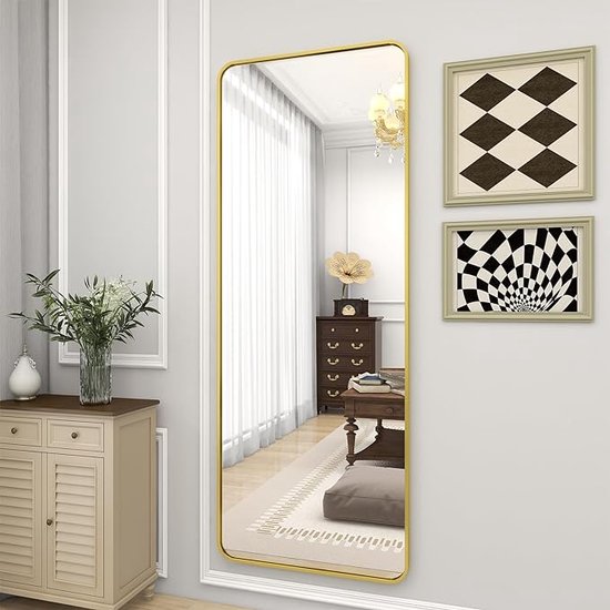 Staande spiegel met afgeronde hoeken, 53 x 163 cm ronde hoeken, full-body spiegel met standaard, grote vloer, staande spiegel, volledige spiegel, wandhanger voor slaapkamer, woonkamer, goud