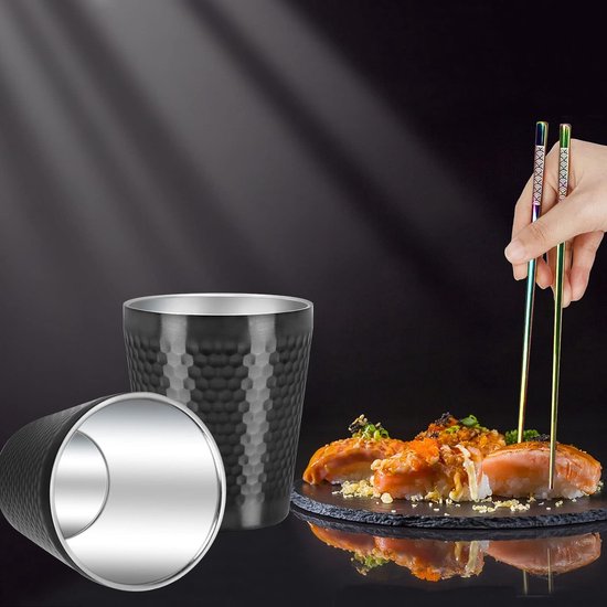 LEKEFETO Set van 4 roestvrijstalen bekers, 300 ml, dubbelwandig geïsoleerd, stapelbaar, diamantpatroon, zilver, ideaal voor huishouden, bar, restaurant