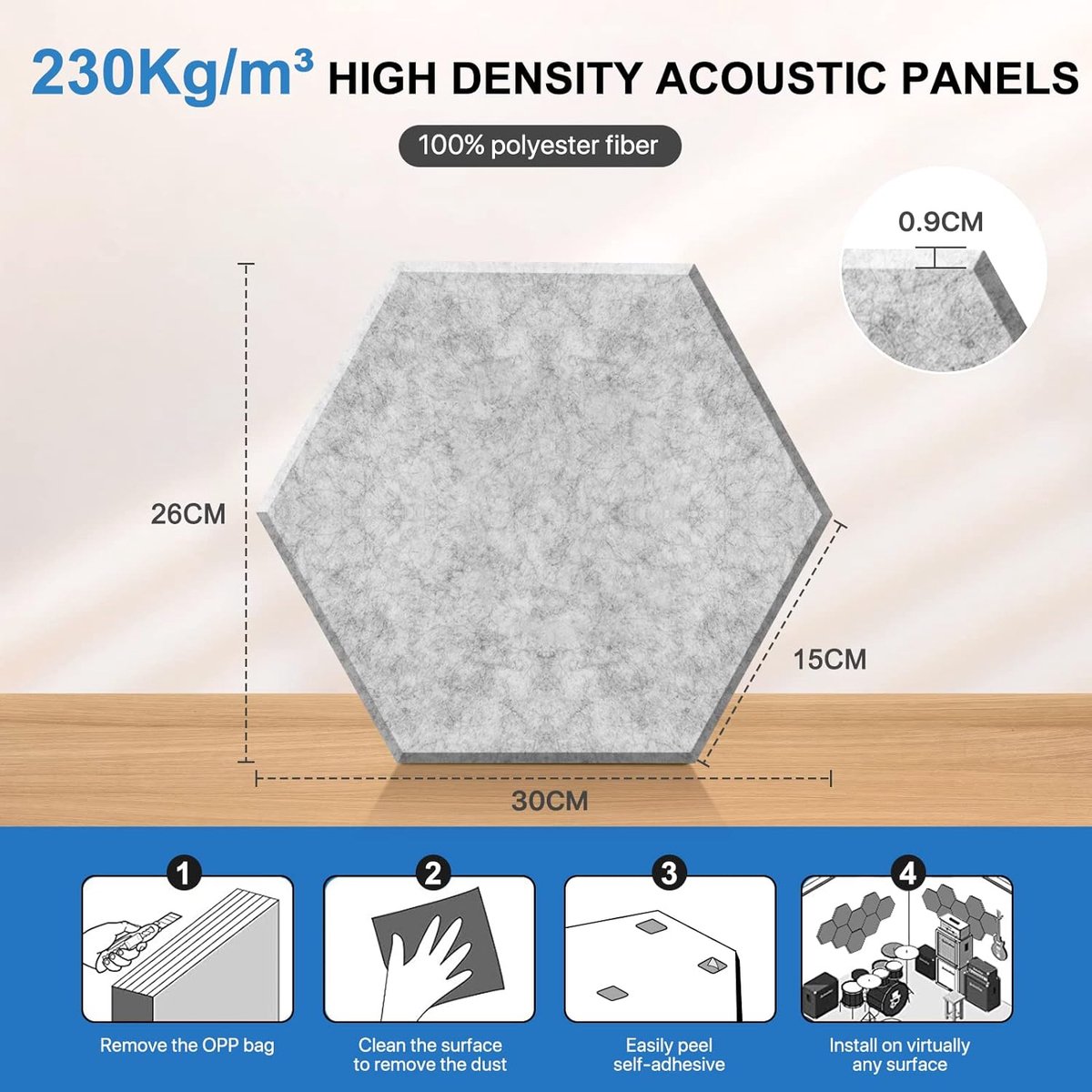 Hexagon akoestische panelen met sticker, geluidsisolatie muur, 12 stuks, Hoge dichtheid akoestische panelen voor plafond / deur / muur decoratie en akoestische behandeling, geluidsisolatie panelen (30x26x0,9cm