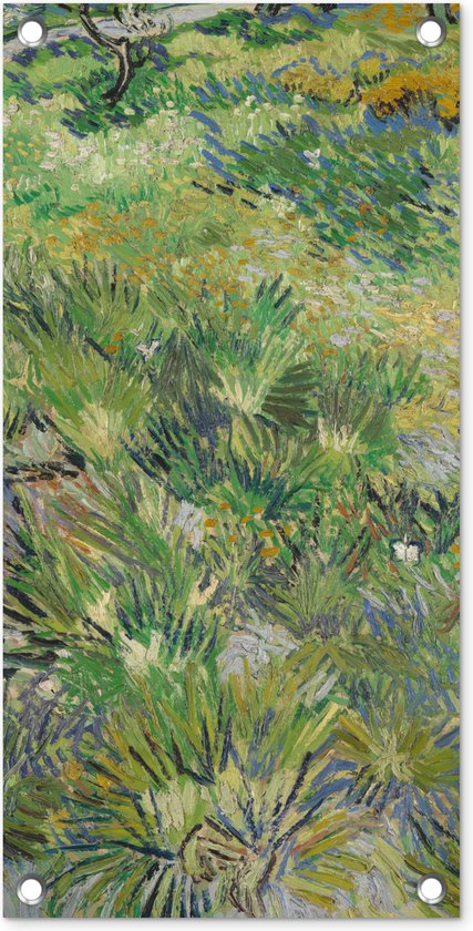 Tuinposter Grasveld met bloemen en vlinders - Vincent van Gogh - 30x60 cm - Tuindoek - Buitenposter