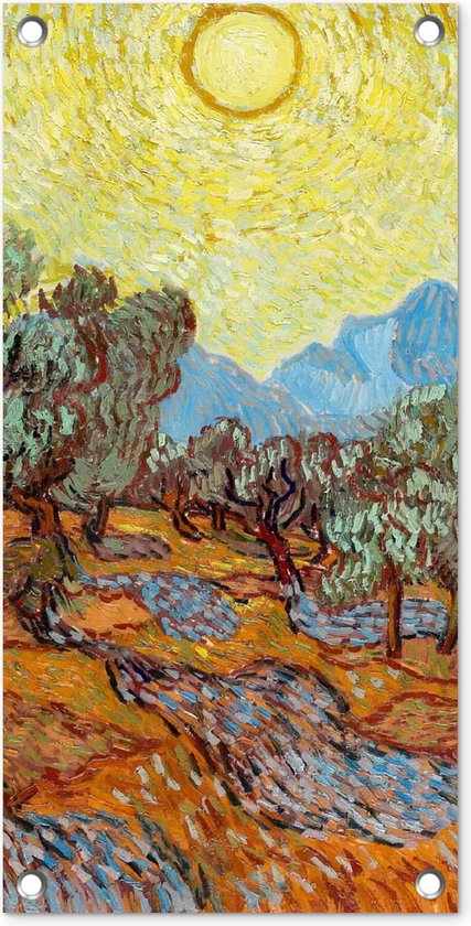 Tuinposter Olijfbomen met gele hemel en zon - Vincent van Gogh - 30x60 cm - Tuindoek - Buitenposter