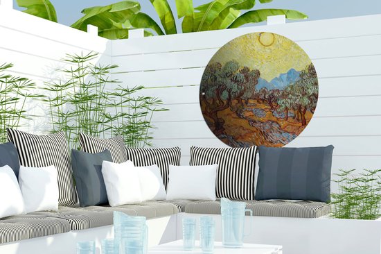 Garden Circle Oliviers avec ciel et soleil jaunes - Vincent van Gogh - 60x60 cm - Poster de jardin rond - Extérieur