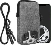 kwmobile Tasje voor smartphones L - 6,5" - Hoesje van vilt in grijs / zwart - Phone case met nekkoord - Nieuwsgierige Hond design