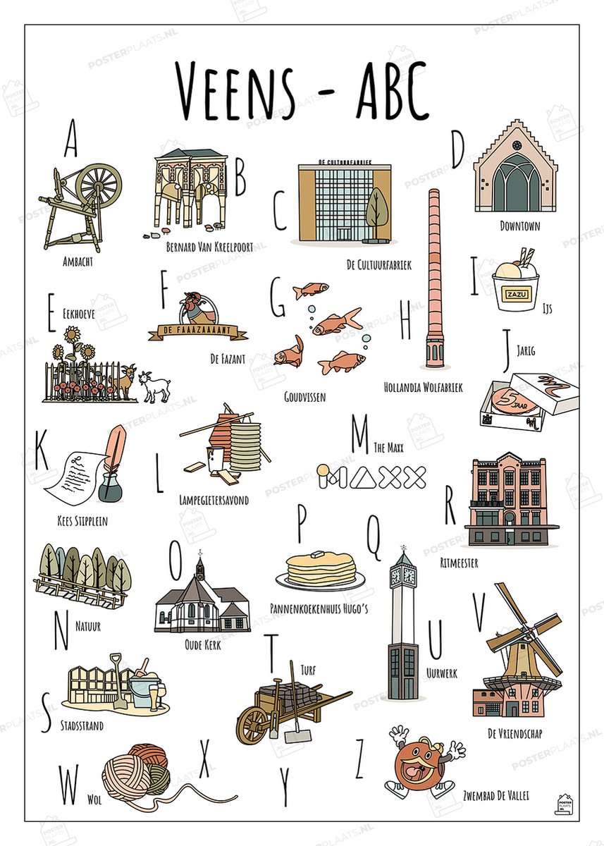 ABC Poster Veenendaal - 50 x 70 cm - Educatieve Letterposter met Handgetekende Illustraties - Kinderkamer & Wanddecoratie - Woondecoratie - Relatiegeschenk