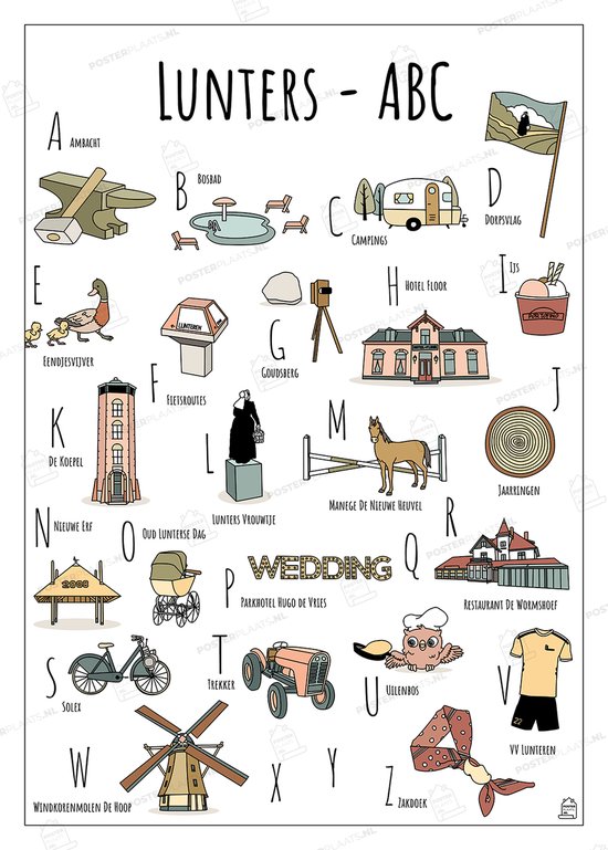 ABC Poster Lunteren - 30 x 40 cm - Educatieve Letterposter met Handgetekende Illustraties - Kinderkamer & Wanddecoratie - Woondecoratie - Relatiegeschenk