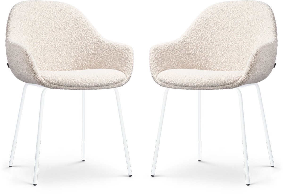 Nolon Nora-Mae Eetkamerstoelen Set van 2 Bouclé Beige - met Armleuning - Stof - Wit Onderstel - Design - Scandinavisch - Comfortabel Bouclé - Beige - Wit onderstel